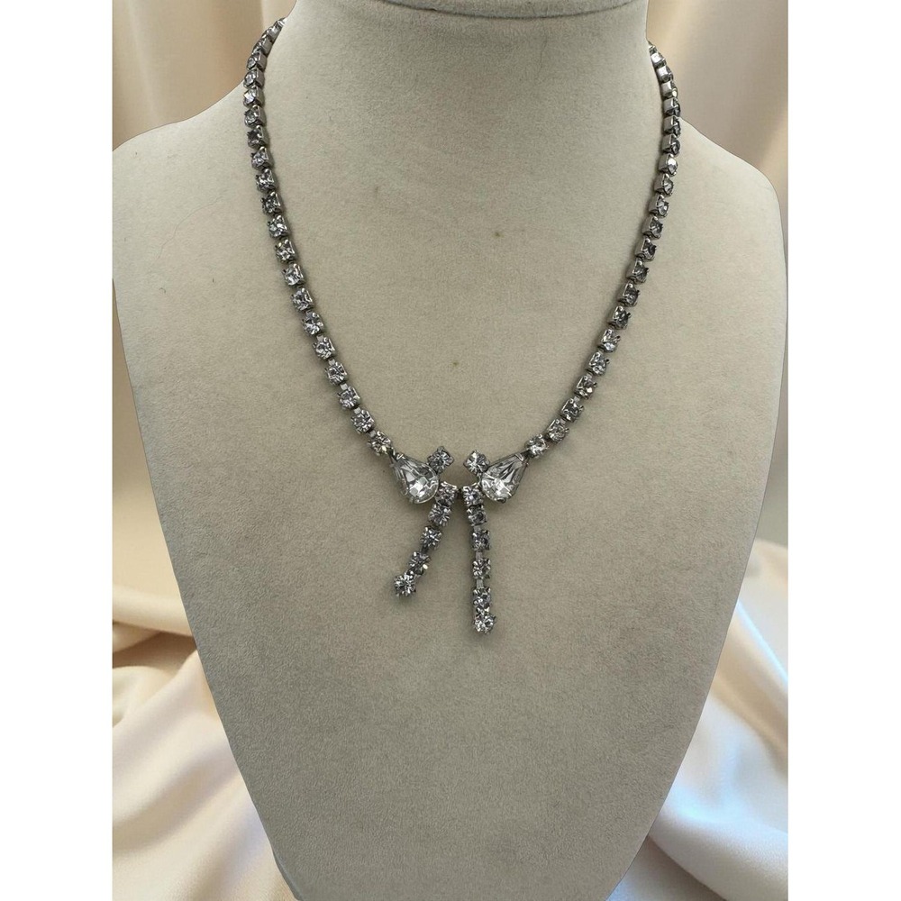 Vintage Mid‎ Century Glass Rhinestone Y-Drop Necklace 14"